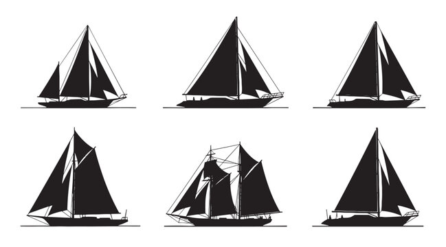 Collection of six black sailboat silhouettes in various designs, including schooners and sloops, presented as a graphic vector illustration set for maritime and nautical concepts