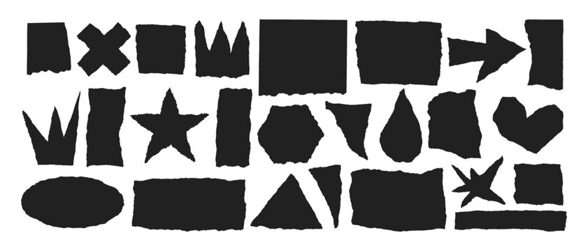 Jagged edge torn paper piece collage grunge cut out shapes vector illustration. Ripped paper abstract frame shape text box template collection.