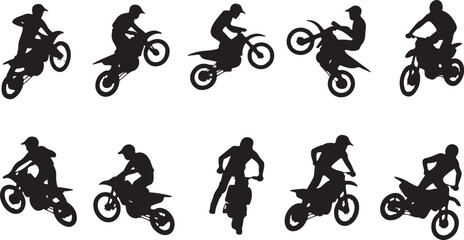 Naklejka premium Collection of silhouetted motocross riders performing jumps and tricks