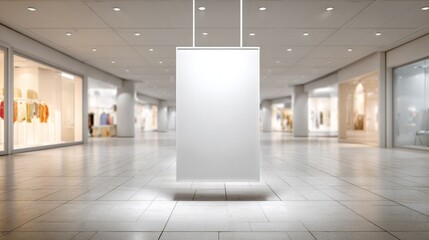 In a spacious shopping mall, a blank white display hangs against a backdrop of stylish storefronts. Soft lighting highlights the potential for vibrant marketing content