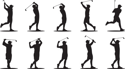 Silhouette of a golfer in various poses during a swing on a white background