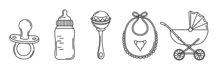 Set of black line art baby icons including a pacifier, bottle, rattle, bib, and carriage in a minimalist graphic style for newborn and infant themed designs