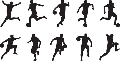 Collection of black silhouettes of soccer players in action poses