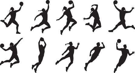 Collection of silhouettes of women playing basketball in dynamic poses