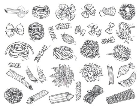 A detailed black and white illustration showcasing a diverse collection of dry pasta shapes.