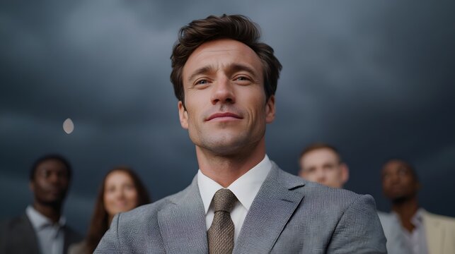 A confident businessman leads his diverse team against a dramatic stormy sky symbolizing resilience and vision