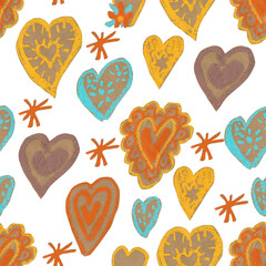 Seamless Christmas pattern in pastel colors, drawn with wax crayons. Wintery and cozy, with ornaments, balls, and gifts printed with oil pastels.