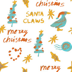 Seamless Christmas pattern in pastel colors, drawn with wax crayons. Wintery and cozy, with ornaments, balls, and gifts printed with oil pastels.