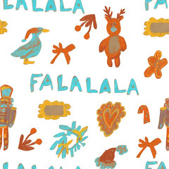 Naklejka premium Seamless Christmas pattern in pastel colors, drawn with wax crayons. Wintery and cozy, with ornaments, balls, and gifts printed with oil pastels.