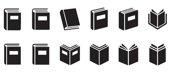 Set of twelve black book icons showing open and closed textbooks in various perspectives, representing education and library symbols in a minimalist vector graphic style
