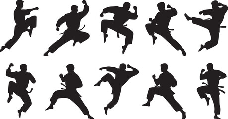 Collection of martial arts silhouettes demonstrating various combat poses