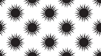 Black stylized sun symbol seamless pattern with wavy flame-like rays in a minimalist monochrome design, creating a celestial and mystical graphic texture for print or digital use