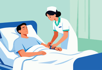 A nurse in white uniform and cap taking the blood pressure of a patient sleeping in a hospital bed
