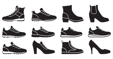 Collection of black and white shoe icons featuring various styles like sneakers, boots, and high heels, presented as a set of minimalist graphic silhouettes for men and women