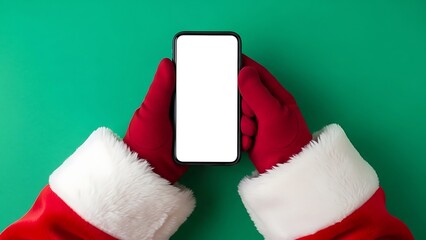 Santa Claus holding a blank smartphone on festive green background