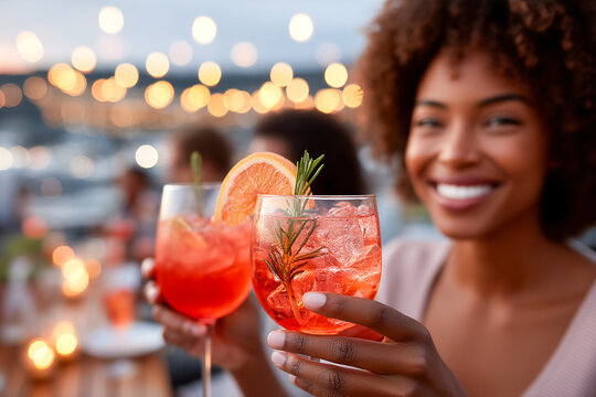Group of friends enjoying cocktails during sunset at a lively outdoor gathering Generative AI