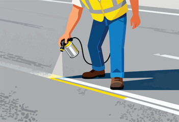 An individual in a yellow vest paints a yellow line on a road, a spray can in hand