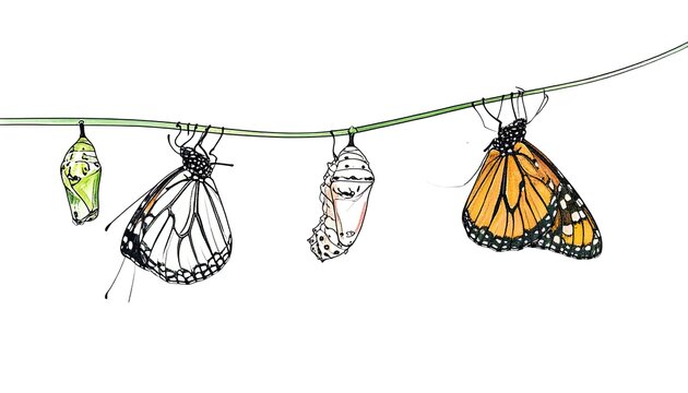 Illustration depicting the stages of a monarch butterfly metamorphosis from chrysalis to adult.