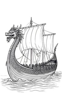 Detailed black and white line art illustration of a Viking longship with a dragon head prow sailing on stylized waves.