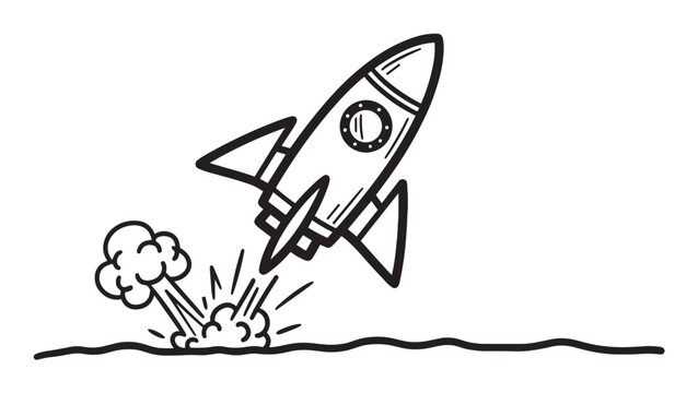Hand-drawn black and white rocket ship launching from the ground with a puff of smoke, a simple doodle illustration symbolizing a startup, innovation, and progress