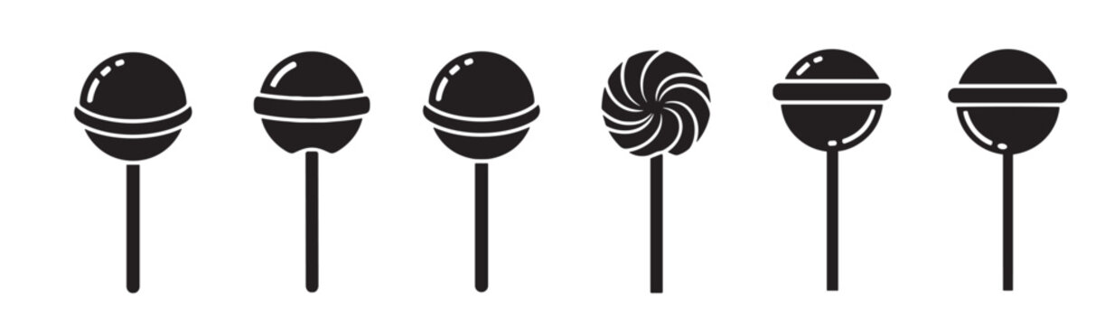 Set of six black lollipop icons with different shapes and patterns, including a classic swirl design, presented as a minimalist vector graphic collection for various design elements