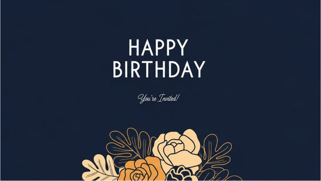 Elegant Birthday Invitation Navy Blue Floral Design with 'Happy Birthday' Message - Powered by Adobe