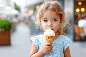 Little girl enjoys ice cream on a sunny day in a busy outdoor setting Generative AI