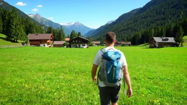 Person hiking through green mountain valley with village and blue sky