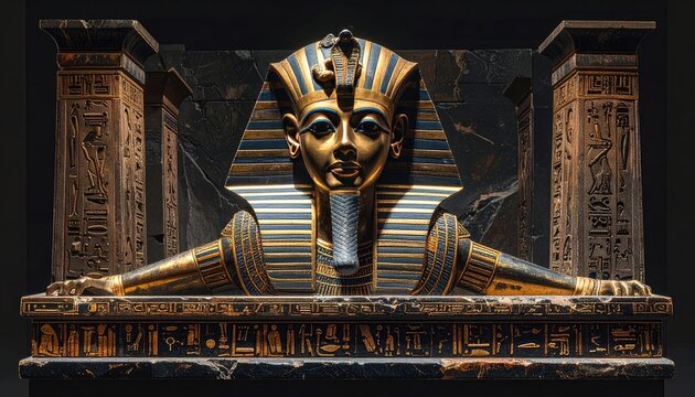 Striking digital rendering of an ornate golden sarcophagus mask set against dark stone pillars.