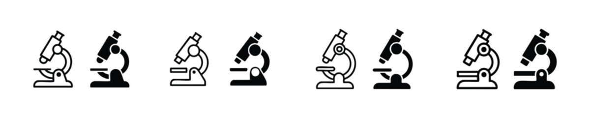 Outline and Filled Microscope Graphics, Scientific Instrument Icons, Microscope Icon Set, vector, illustration, silhouette.