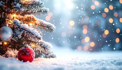 A detailed close-up of a snow-covered tree branch with a red ornament hanging delicately, set against a blurred background of warm lights and falling snow. 