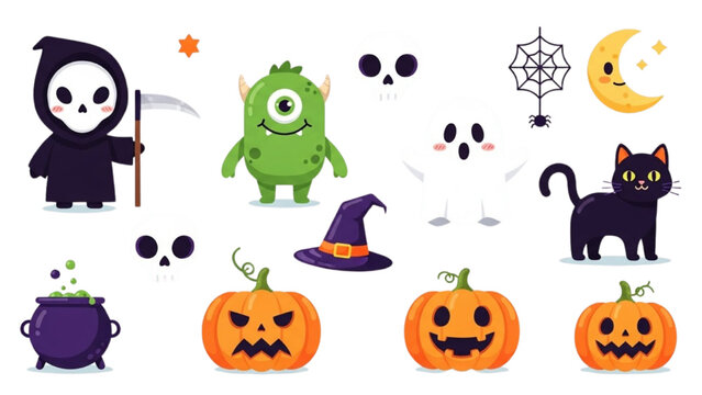 Halloween Spooky Elements Grim Reaper, Pumpkin, Ghost, Cat and more
