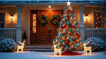 Christmas tree with candles and decorations in front of home