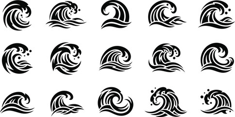 Ocean waves collection. Sea storm wave isolated. Waves, water elements set. Nature wave water storm linear style illustration