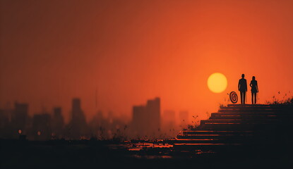 Fototapeta premium two business people holding a target with an arrow on a podium at sunset, silhouette of a businessman and a woman standing together to achieve a success goal or show team collaboration