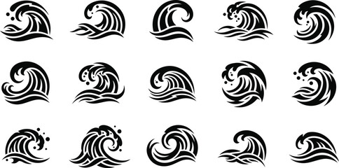 Obraz premium Ocean waves collection. Sea storm wave isolated. Waves, water elements set. Nature wave water storm linear style illustration