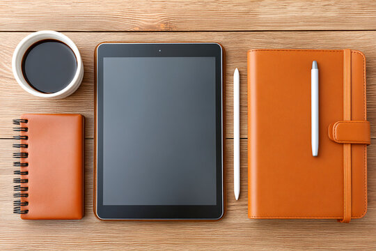 Workspace setup with tablet, notebooks, cup of coffee, and pen on wooden table Generative AI