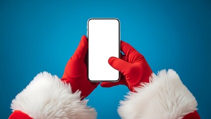 Santa Claus holding blank screen mobile phone on vibrant blue background