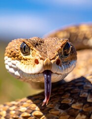 Fototapeta premium Extreme close-up portrait of a rattlesnake's head with its tongue flicking out against a bright blue sky background.