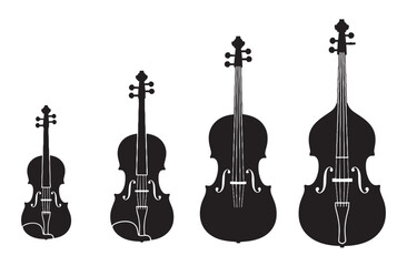 Fototapeta premium Four black string instrument silhouettes showing the violin family, including a viola, cello, and double bass, arranged by size in a simple graphic vector illustration style