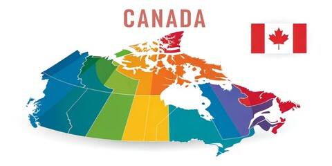 Colorful Canada map with flag and text provinces territories