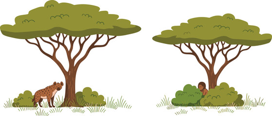 Cartoon savanna wildlife scene with hyena near tree, human hiding in bushes, nature landscape illustration, African habitat concept, wilderness environment artwork for educational use