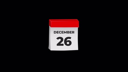 December 26 Tear-off Calendar Torn Paper Animation, Transparent Background