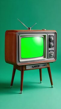 Vintage Television Display: A classic vintage television set with a retro design, standing elegantly on its legs. The green screen is perfect for inserting your video.