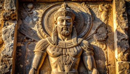 Obraz premium Detailed close-up of an ancient stone relief sculpture depicting a regal, bearded male figure with elaborate headdress and ornamentation.