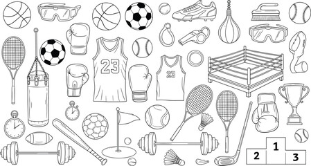 Sports equipment illustration, fitness gear outline, athletic icons collection, sporting goods doodle set, exercise tools drawing, workout items sketch, physical activity symbols design
