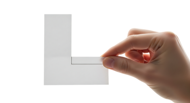 Hand holding and pinching the letter l against a black background