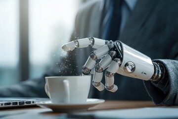 Businessman utilizes artificial intelligence technology for enhanced productivity in modern office setting