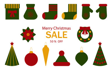 Set of Christmas icons isolated on white or transparent background. Vector illustration. New Year's elements for decorating holiday designs. Christmas tree, socks. Christmas tree decorations.
