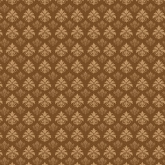 A repeating geometric pattern in shades of brown features diamond shapes filled with detailed floral or leaf-like designs.